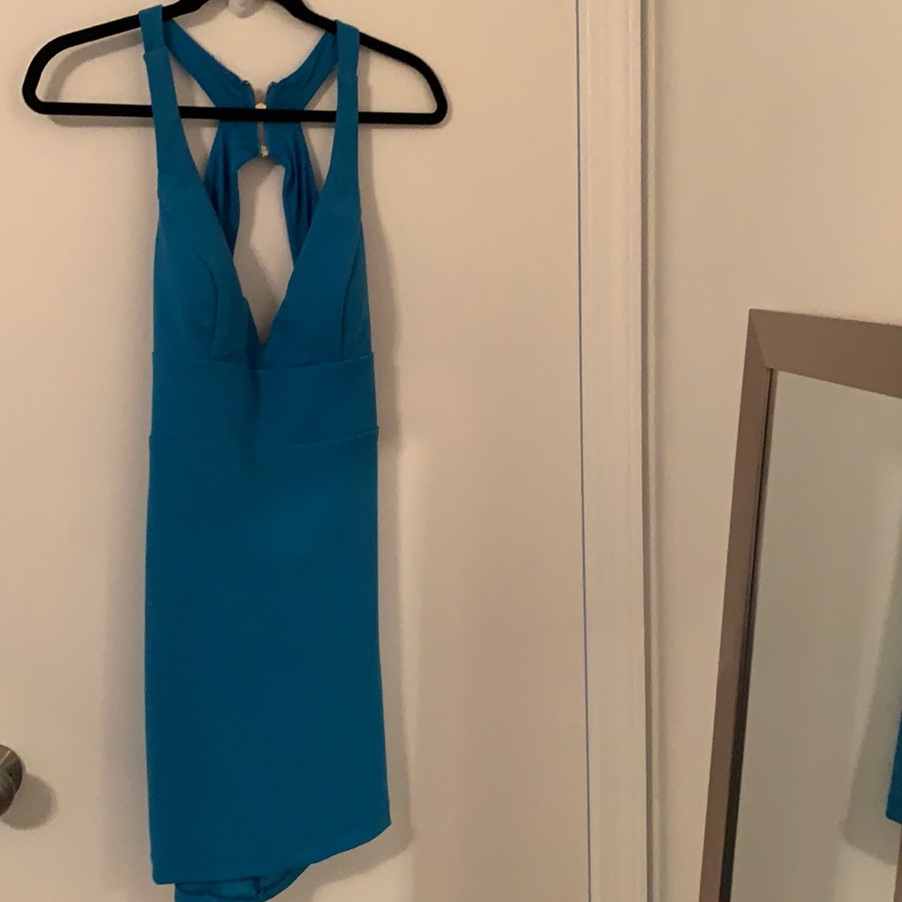 B.DARLIN- Turquoise dress. Low back, plunging neckline. Padded chest.